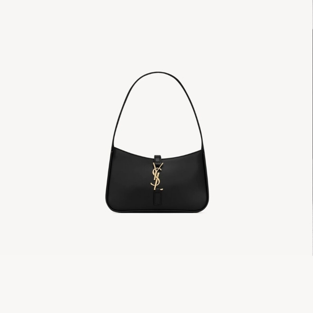 Saint Laurent Black Leather Shoulder Bag with Gold YSL Logo